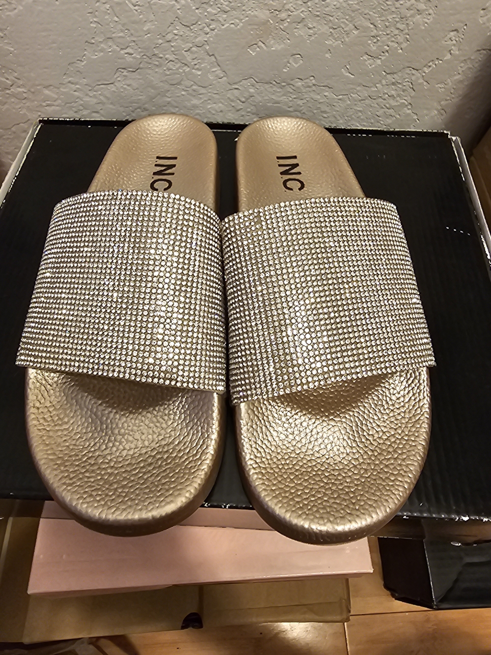 INC International Concepts Champagne Crystal Slide Sandals